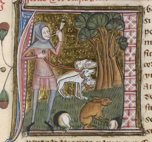 Page from the 'Omne Bonum', showing hunting with dogs