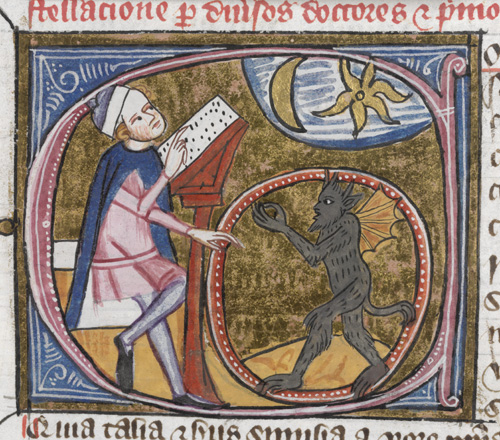 Page from the 'Omne Bonum', showing an astrologer
              observing the heavens and a devil in a magic circle