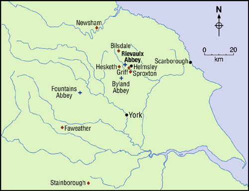 Map of Map showing the granges of Griff, Newsham, Bilsdale, Laskill, Sproxton, Faweather, Stainborough and Hesketh, after J. Burton, ?The estates and economy of Rievaulx Abbey?, Citeaux 49 (1998), pp. 29 ? 93 at p. 70.