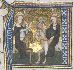 Illuminated initials, showing abbess and nuns, and monks hawking[From the 'Omne Bonum' of Jacobus Anglicus