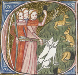 Illuminated initial, showing clerics hunting[From the 'Omne Bonum' of Jacobus Anglicus© Bristish Library<click to enlarge>
