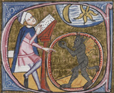 Illuminated initial, showing an astrologer observing the heavens and a devil in a magic circle[From the 'Omne Bonum' of Jacobus Anglicus]© Bristish Library<click to enlarge