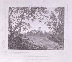 Engraving by P.Roberts of a painting by Joseph Farington (1747-1821) published April 12th 1792 showing Kirkstall Abbey from the weir.