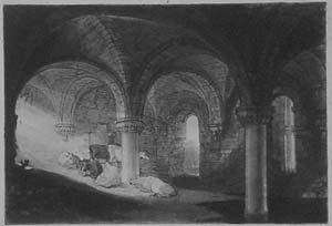 Engraving of the subdorter in the east range of Kirkstall Abbey.  J.M.W.Turner's original watercolour of 1798 was engraved by John Scott and published May 1st 1814. It was then described as the refectory of Kirkstall Abbey but we know now that it was the room beneath the monks' dormitory. The engraving shows the vaulting as intact but it had collapsed by 1823 when another artist George Cuitt made an engraving.