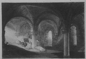 Engraving of the subdorter in the east range of Kirkstall Abbey.  J.M.W.Turner's original watercolour of 1798 was engraved by John Scott and published May 1st 1814. It was then described as the refectory of Kirkstall Abbey but we know now that it was the room beneath the monks' dormitory. The engraving shows the vaulting as intact but it had collapsed by 1823 when another artist George Cuitt made an engraving of the room showing it open to the sky.