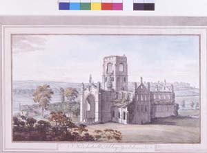 Watercolour of Kirkstall Abbey church from the north west by Moses Griffith (1747-1819). At the time of the painting in 1773 the tower was still intact but part of it collapsed in 1779.