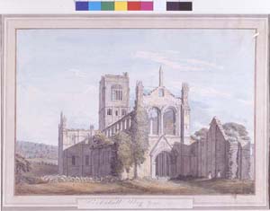 Watercolour of Kirkstall Abbey church from the north east by Moses Griffith (1747-1819). At the time of the painting in 1773 the tower was still intact but part of it collapsed in 1779. The painting is so detailed it shows the piscina inside the presbytery.