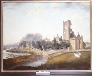 Oil painting of Kirkstall Abbey from the south east by William Williams (1735-97) of 1793. By this time the tower of the church had partly collapsed. The figures in the opening to the presbytery are hopelessly out of scale.