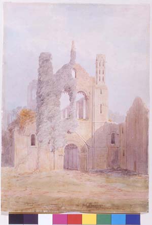 Watercolour showing the interior of the chapter house of Kirkstall Abbey by the Leeds artist J.N.Rhodes (1809-1842).