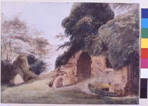 Watercolour of a distant view of Kirkstall Abbey from the north west by J.N.Rhodes (1809-1842). There is a stream running down the valley slope in the foreground. This seems to be on the site of the monastic millpond.