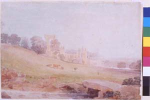 Watercolour of Kirkstall Abbey from the south east by J.N.Rhodes (1809-1842) showing the ruins covered in vegetation and large trees growing nearby.