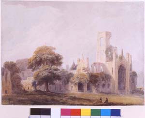 Watercolour showing Kirkstall Abbey from the north west by J.N.Rhodes (1809-1842).
