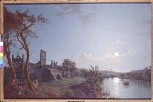 Oil painting of Kirkstall Abbey by moonlight by Henry Pether (active 1828-1865).